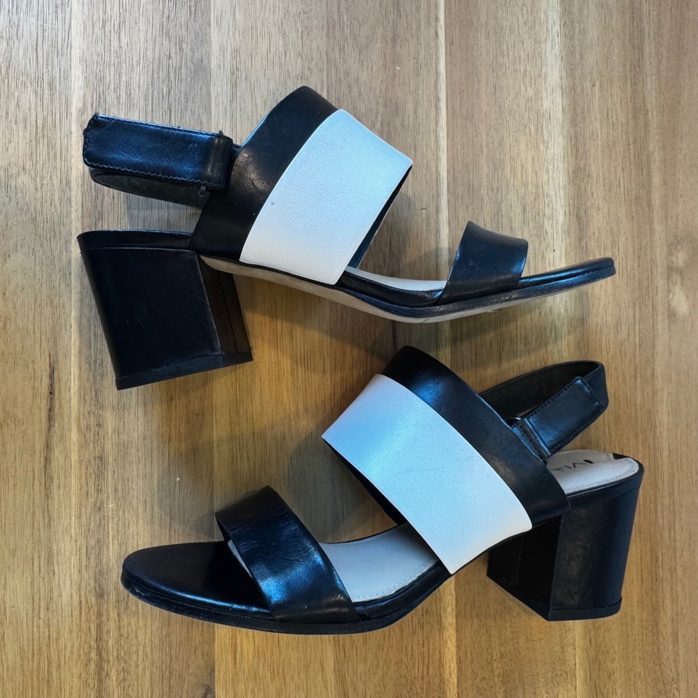 Via Spiga Women 7 M Black White Leather Colorblock‎ Slingback Block Heel Sandals